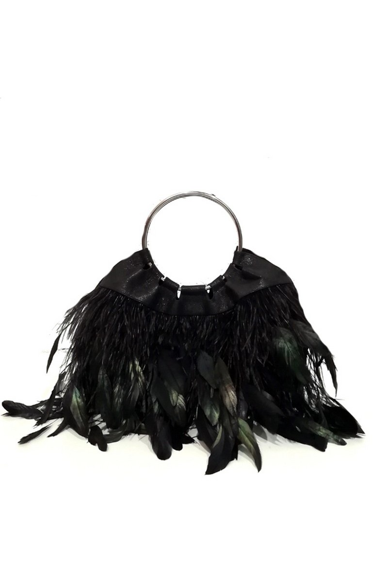 Buy Black Feathers Round Ring Handles Stylish Spectacular Party Bag Pouch